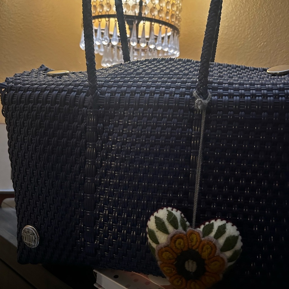 Navy Blue Woven Handbag with Floral Charm - Picture 6 of 6